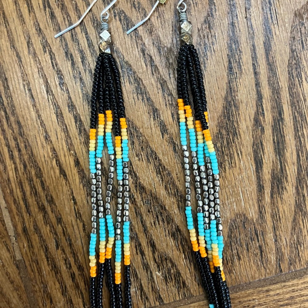 Boho Beaded Tassel Earrings in Black, Orange, and Turquoise